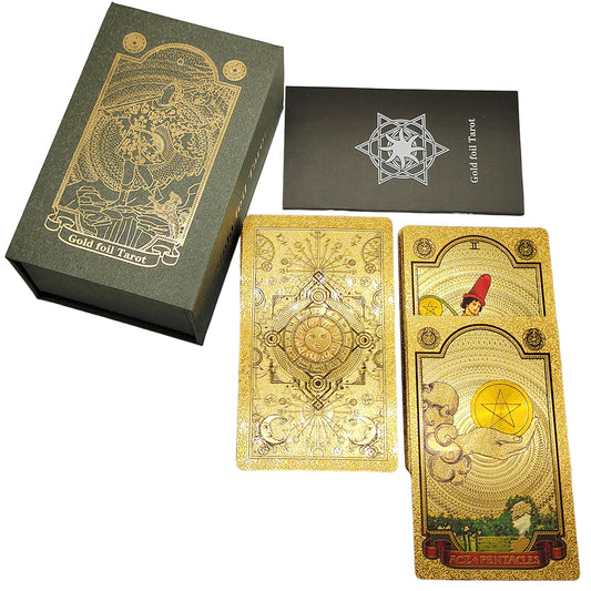 Tarot card deck, showing a golden sun on the back face of a card alongside a case and tarot meaning booklet