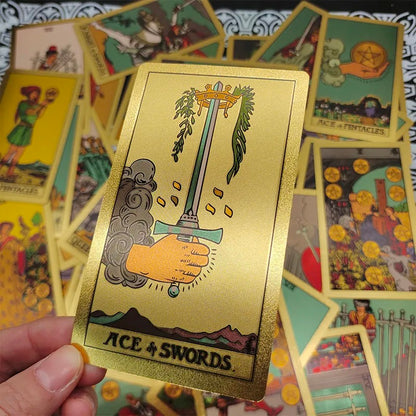 Example front face of sun and moon tarot card with many cards in the background