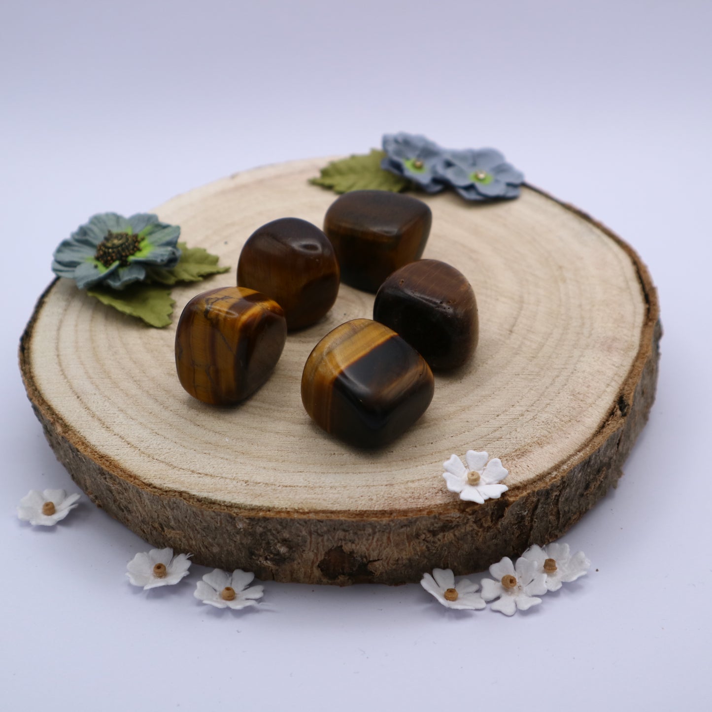Five pieces of Tiger Eye crystals displayed on a piece of wood surrounded by flowers