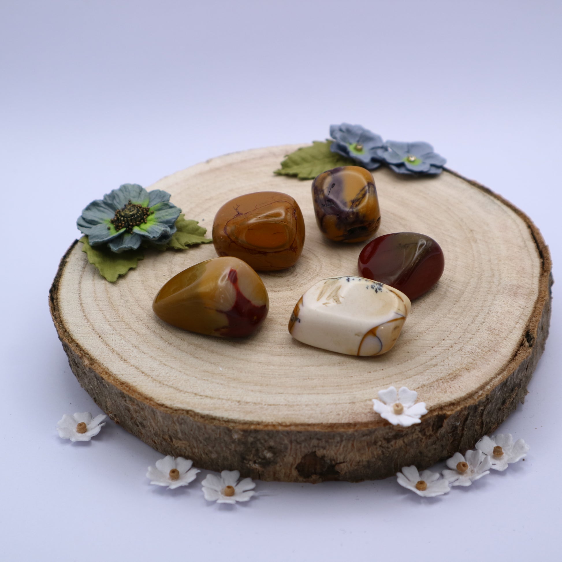 Five pieces of Mookaite crystals displayed on a piece of wood surrounded by flowers