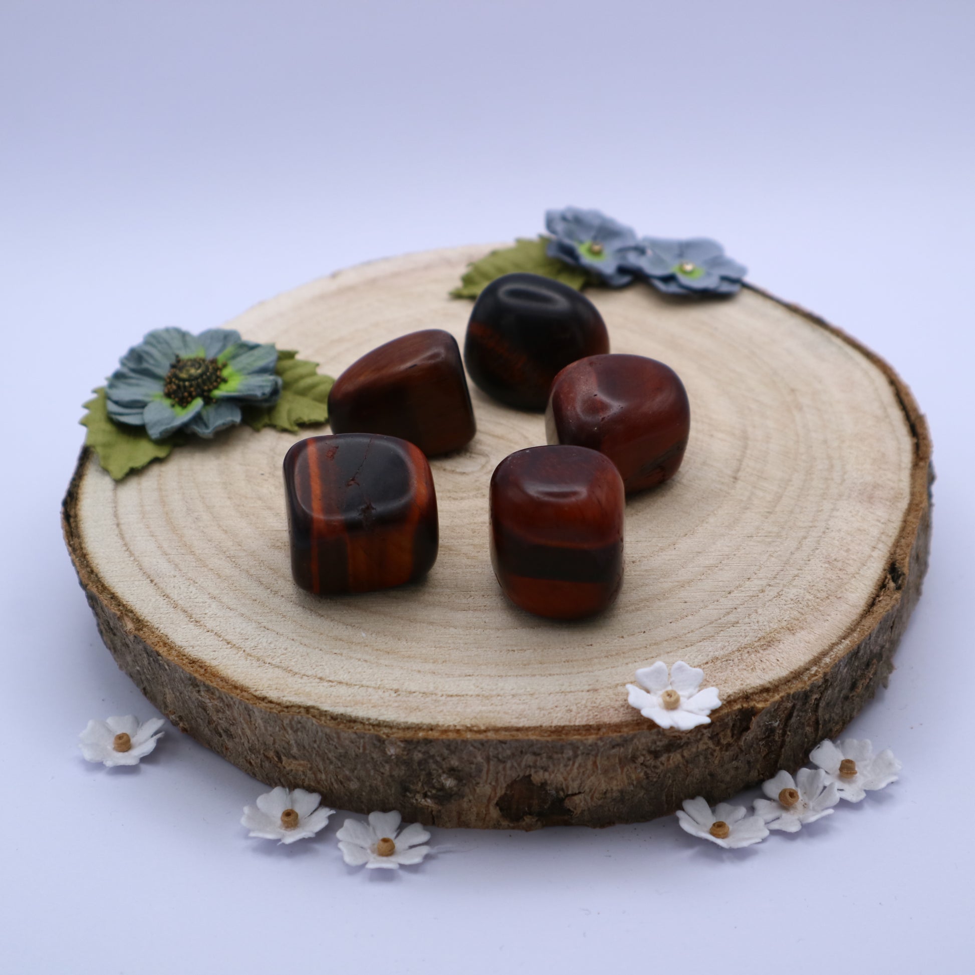 Five pieces of Red Tiger Eye crystals displayed on a piece of wood surrounded by flowers