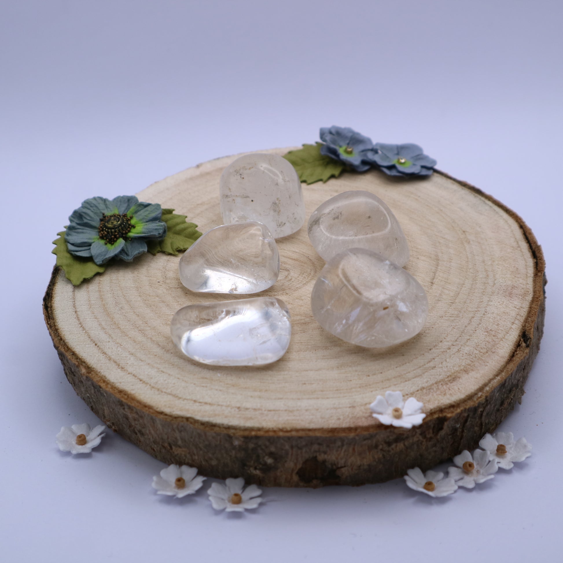 Five pieces of Rock Crystal crystals displayed on a piece of wood surrounded by flowers