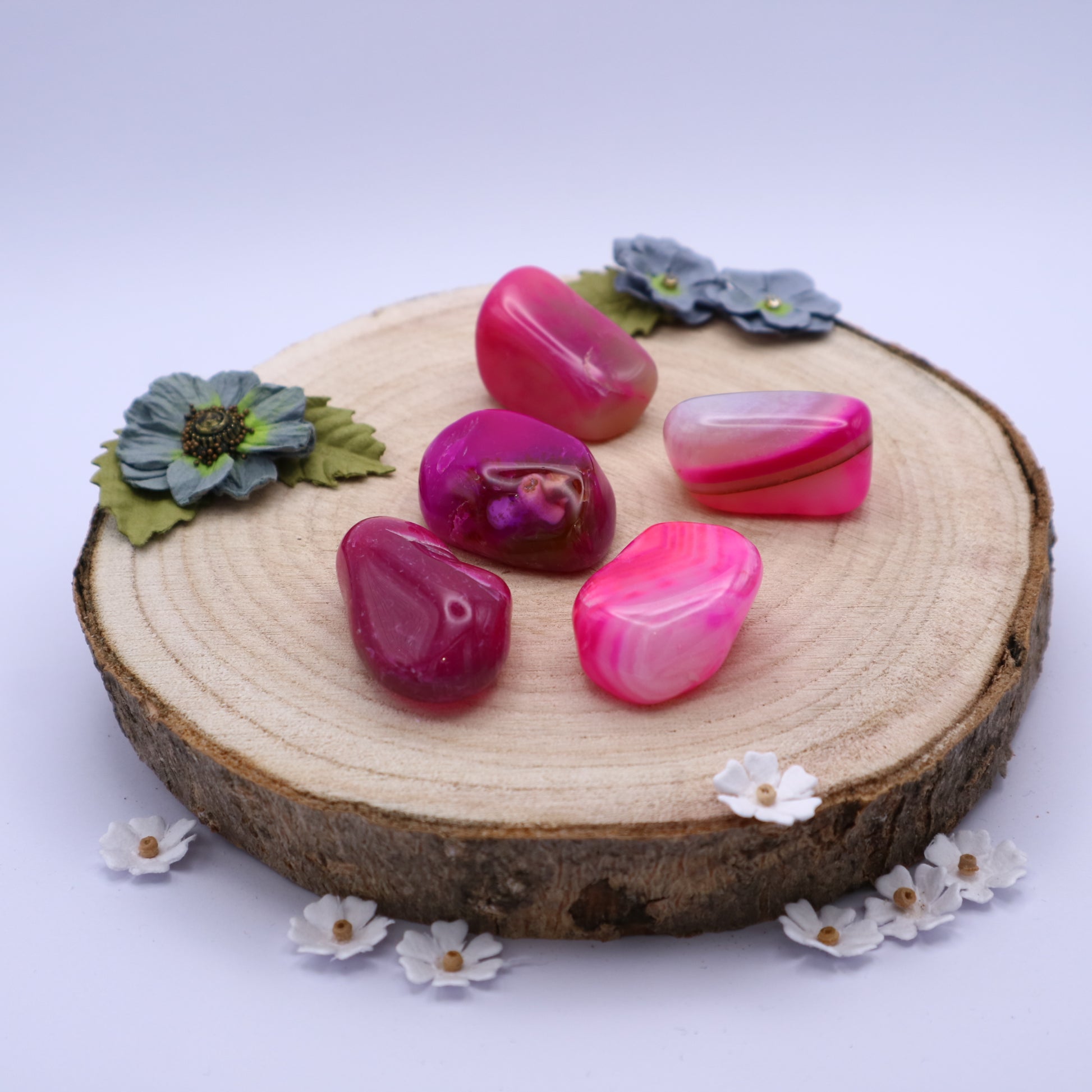 Five pieces of Pink Banded Agate crystals displayed on a piece of wood surrounded by flowers