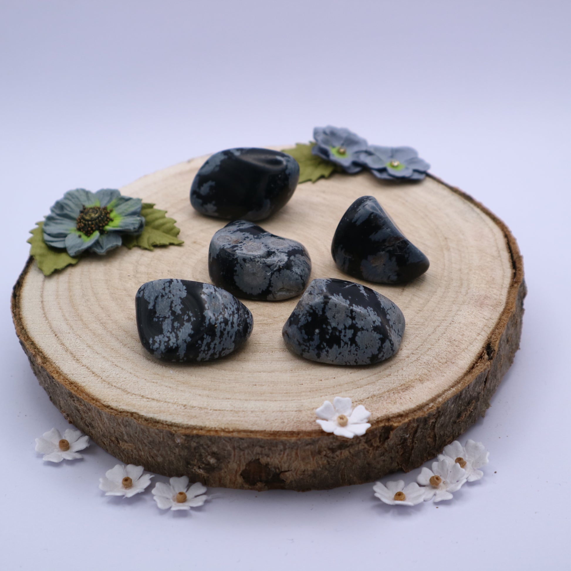 Five pieces of Snowflake Obsidian crystals displayed on a piece of wood surrounded by flowers