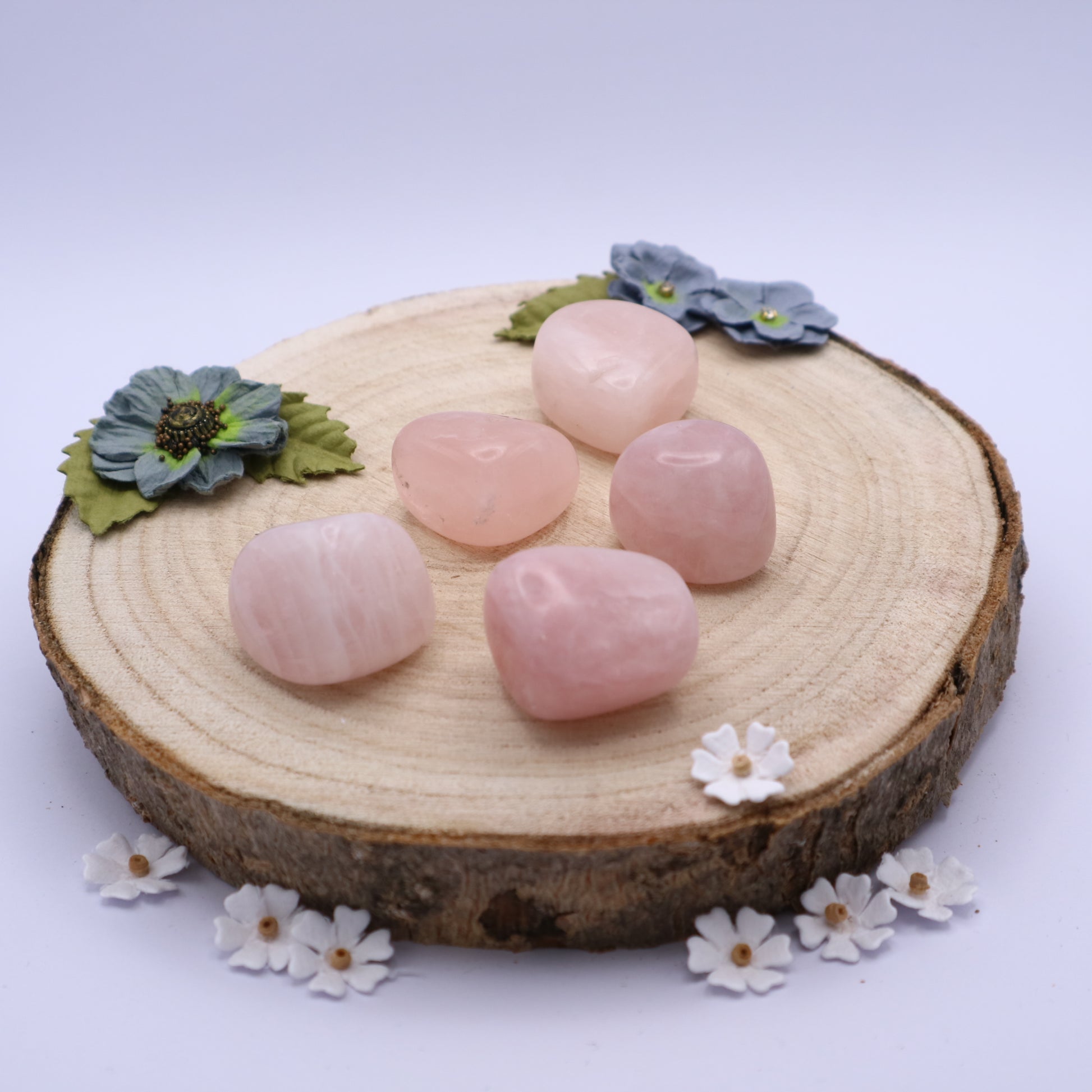 Five pieces of Rose Quartz crystals displayed on a piece of wood surrounded by flowers
