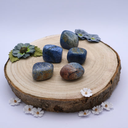 Five pieces of Dumortierite crystals displayed on a piece of wood surrounded by flowers