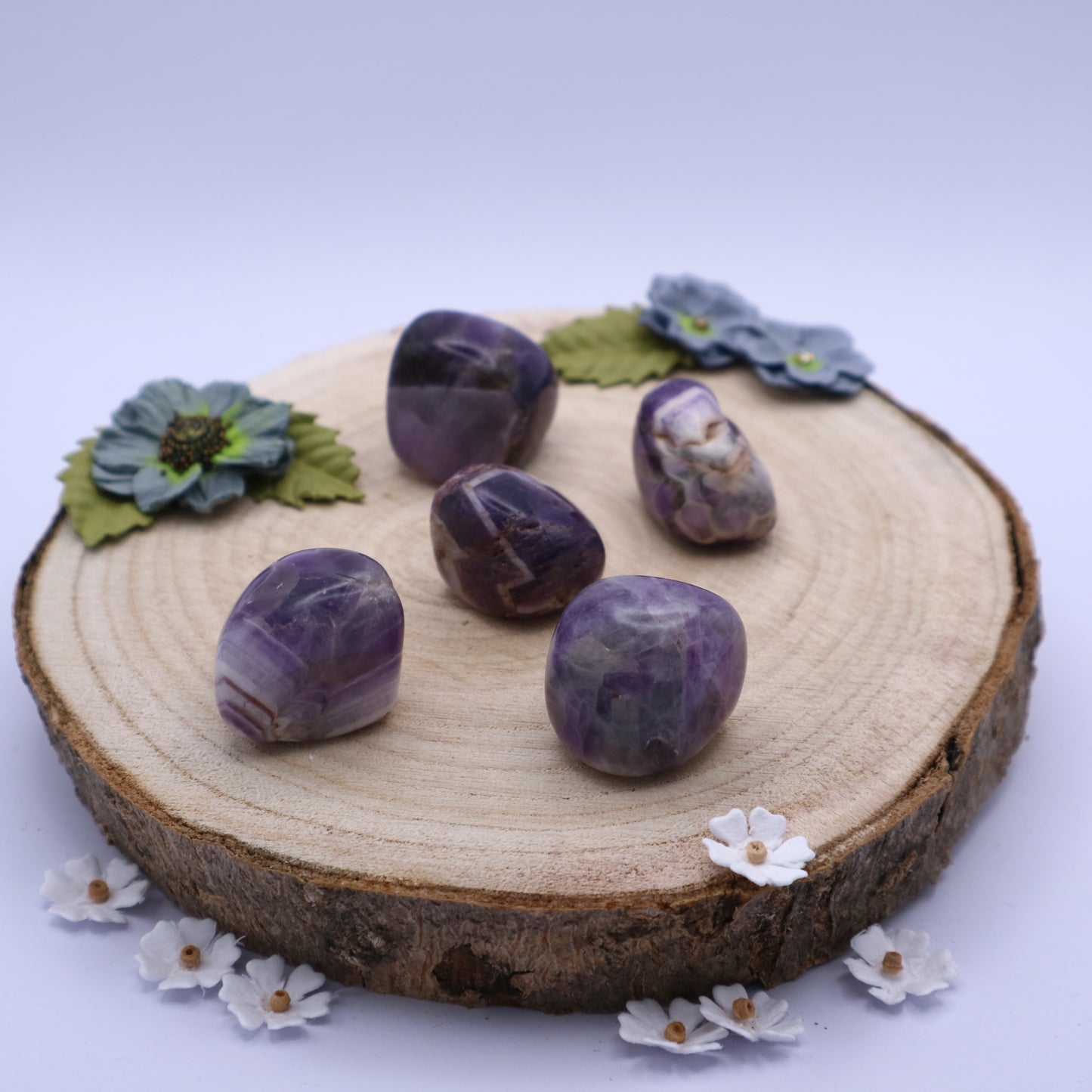 Five pieces of Amethyst crystals displayed on a piece of wood surrounded by flowers