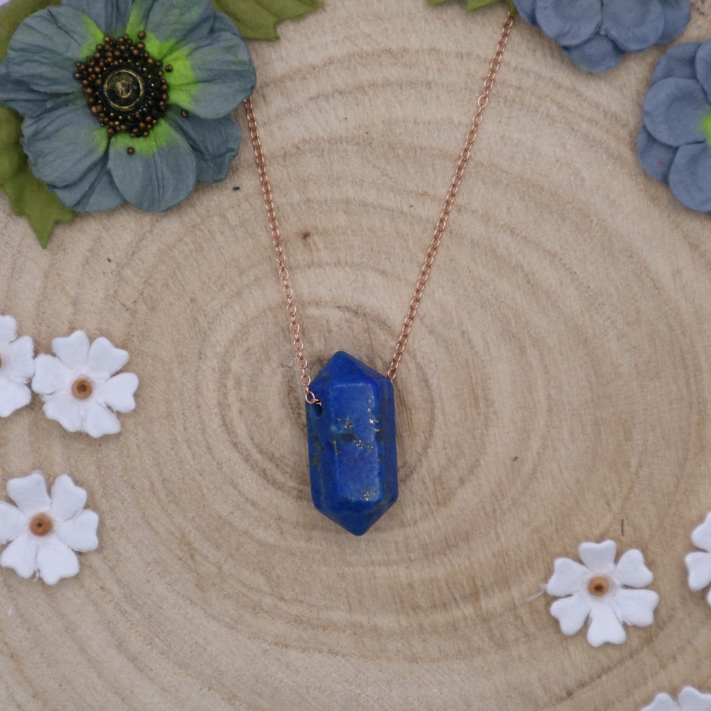 Small Lapis Lazuli crystal on rose gold fine necklace chain