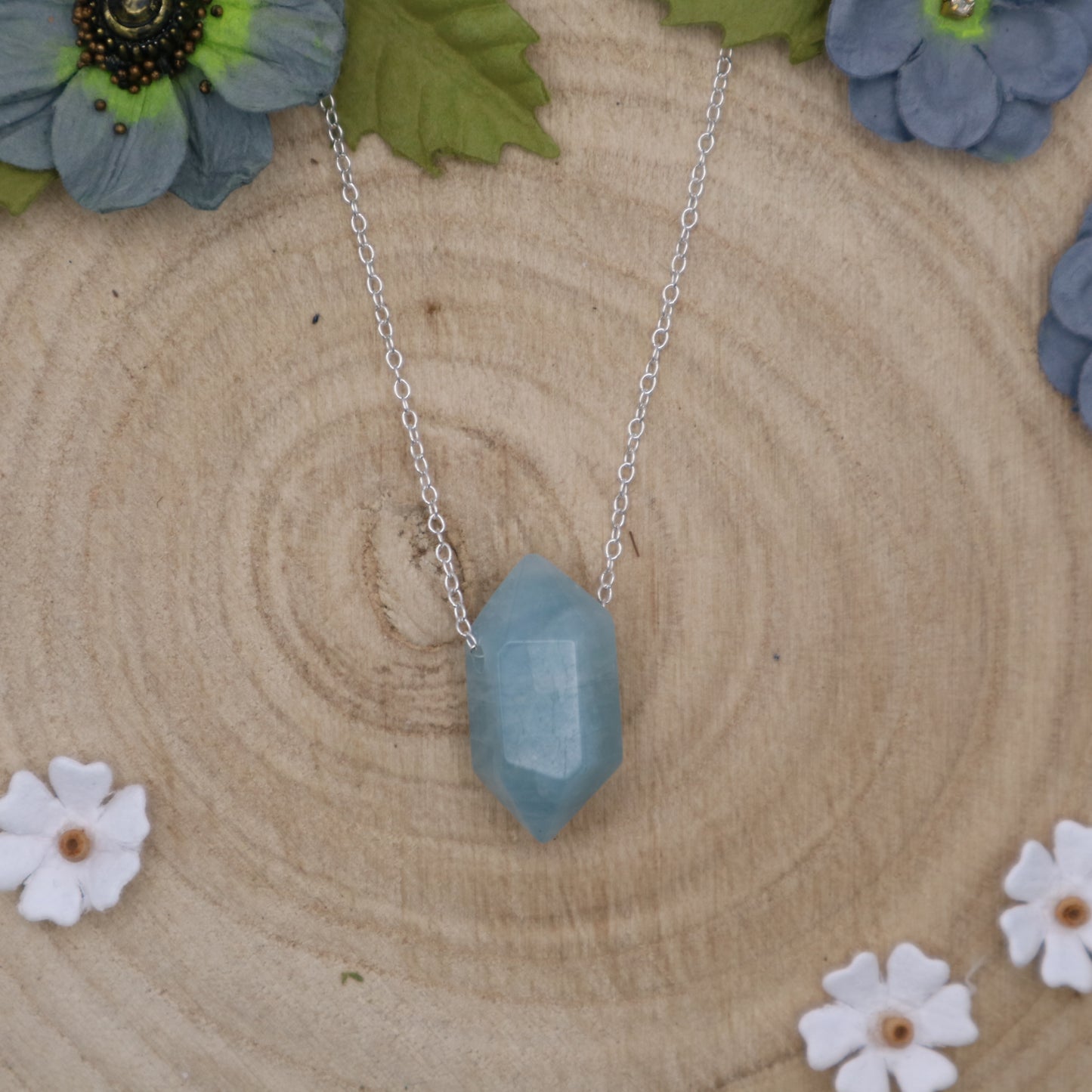 Small Aquamarine crystal on sterling silver fine necklace chain