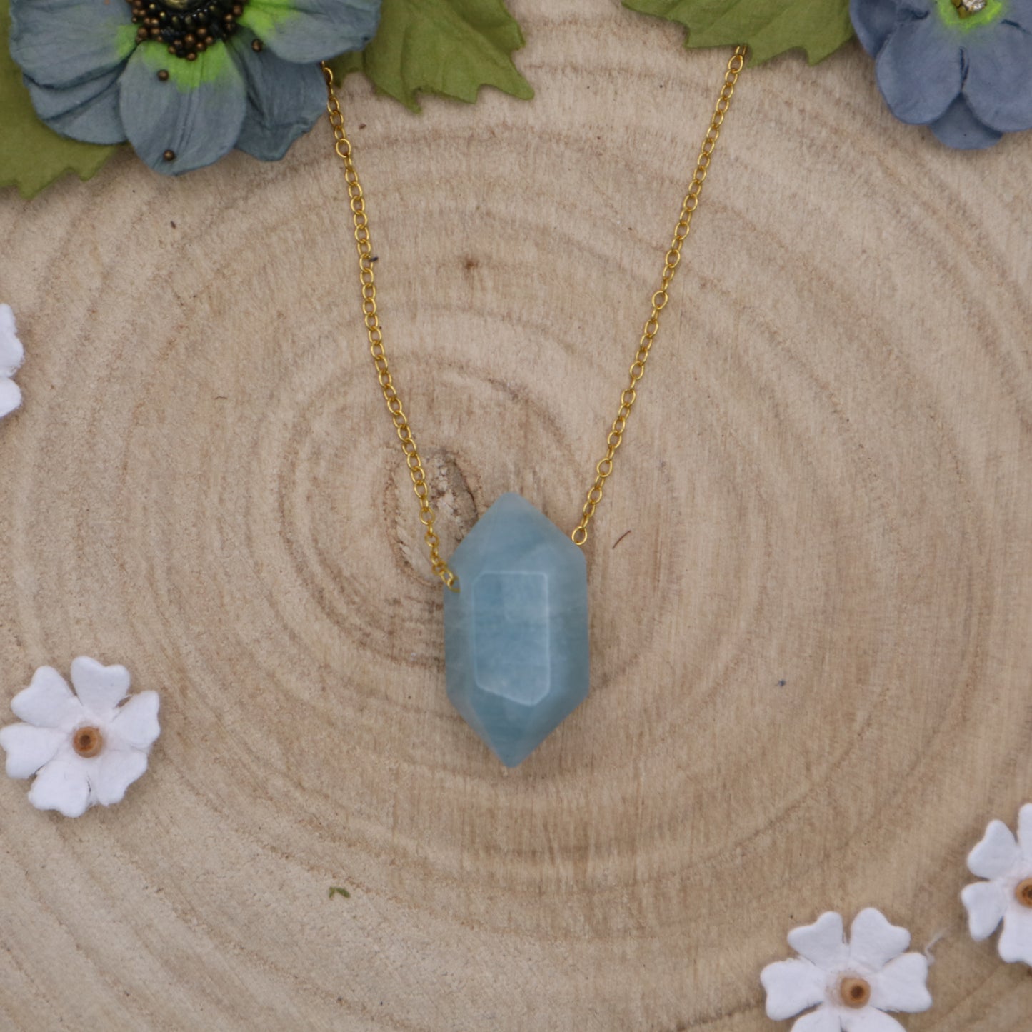 Small Aquamarine crystal on gold fine necklace chain