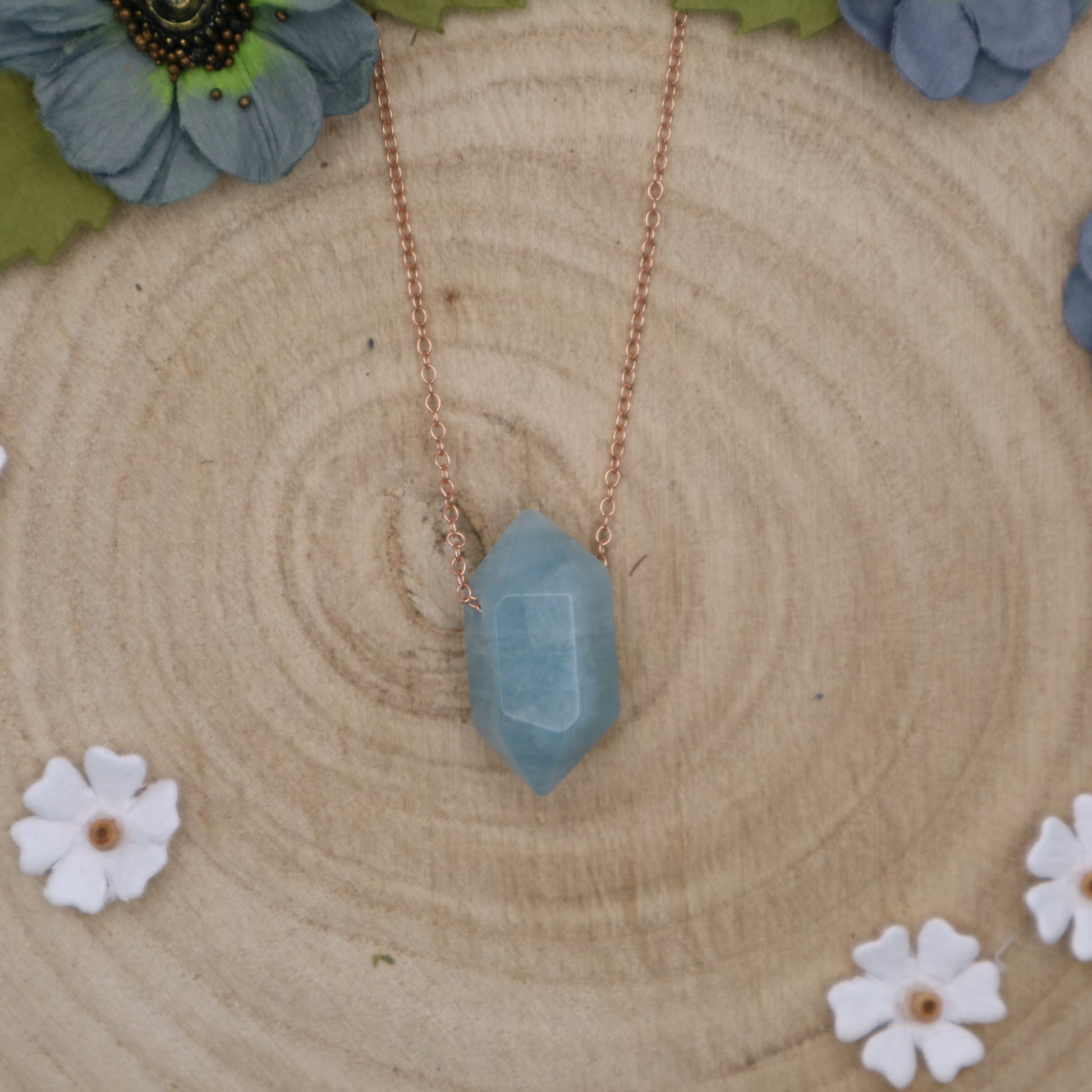 Small Aquamarine crystal on rose gold fine necklace chain