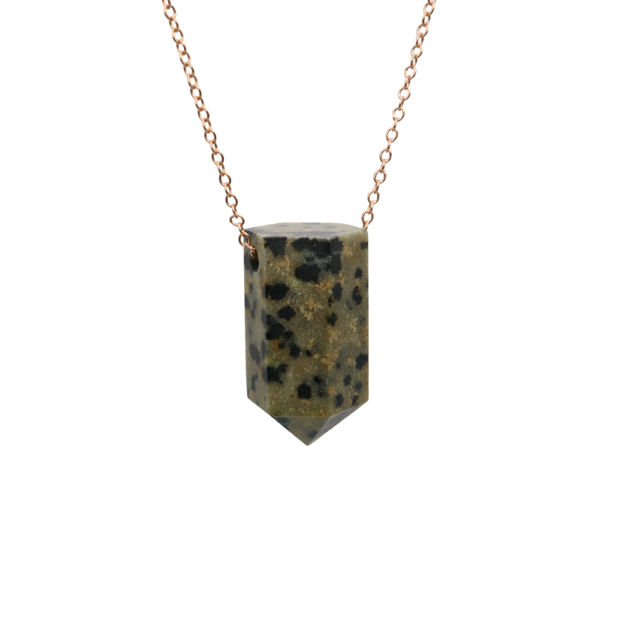 Dalmation Jasper Crystal on a fine Rose Gold plated 925 Sterling Silver chain