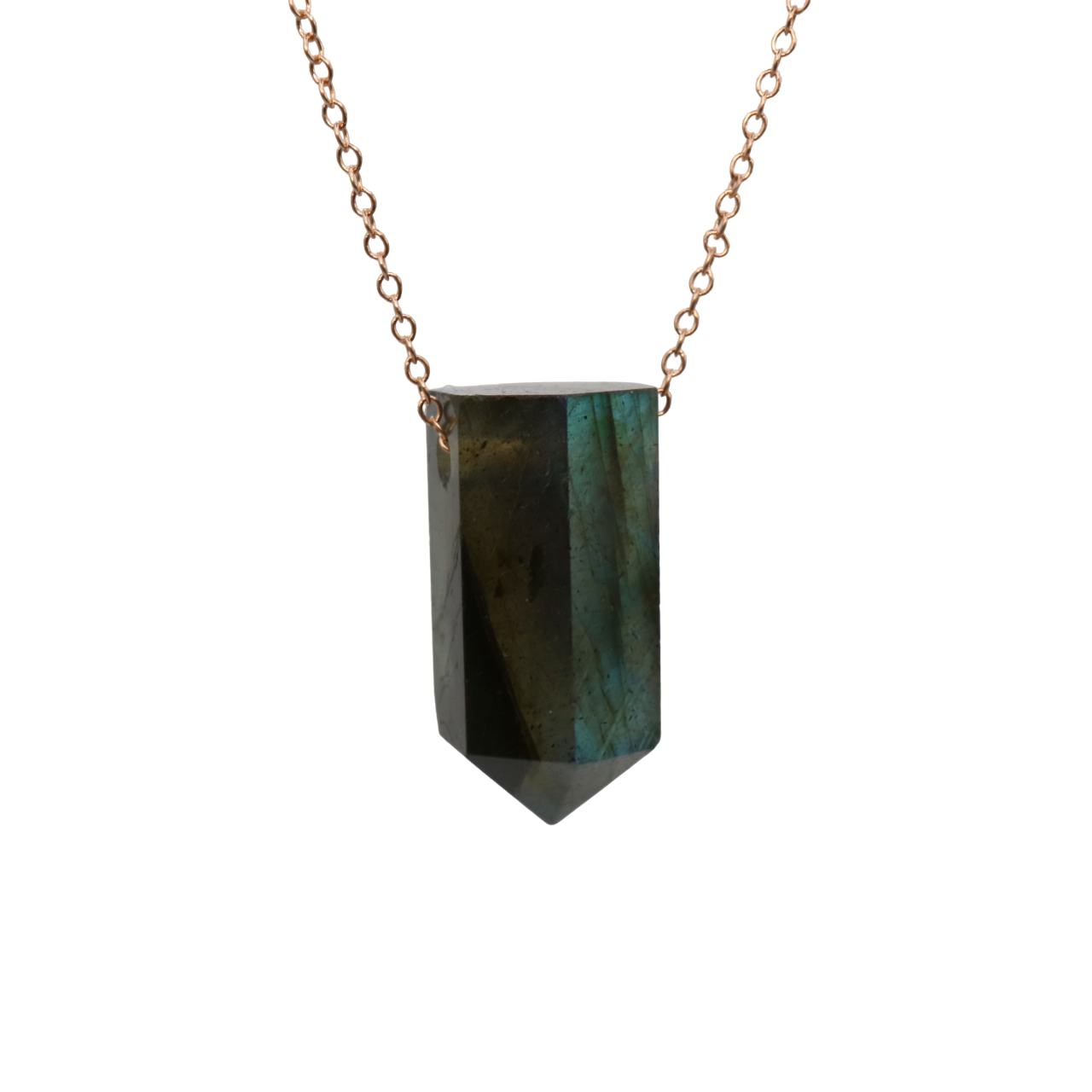 Labradorite on a fine Rose Gold plated 925 Sterling Silver chain